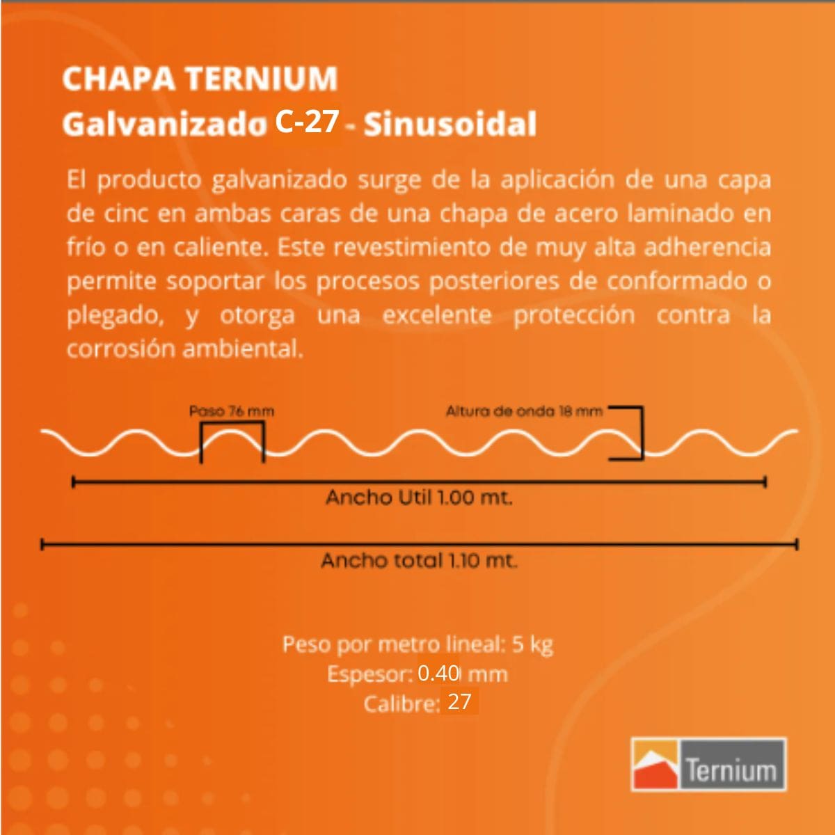 SINUSOIDAL GALVANIZADA C-27 x 6.50 mts - Imagen 2